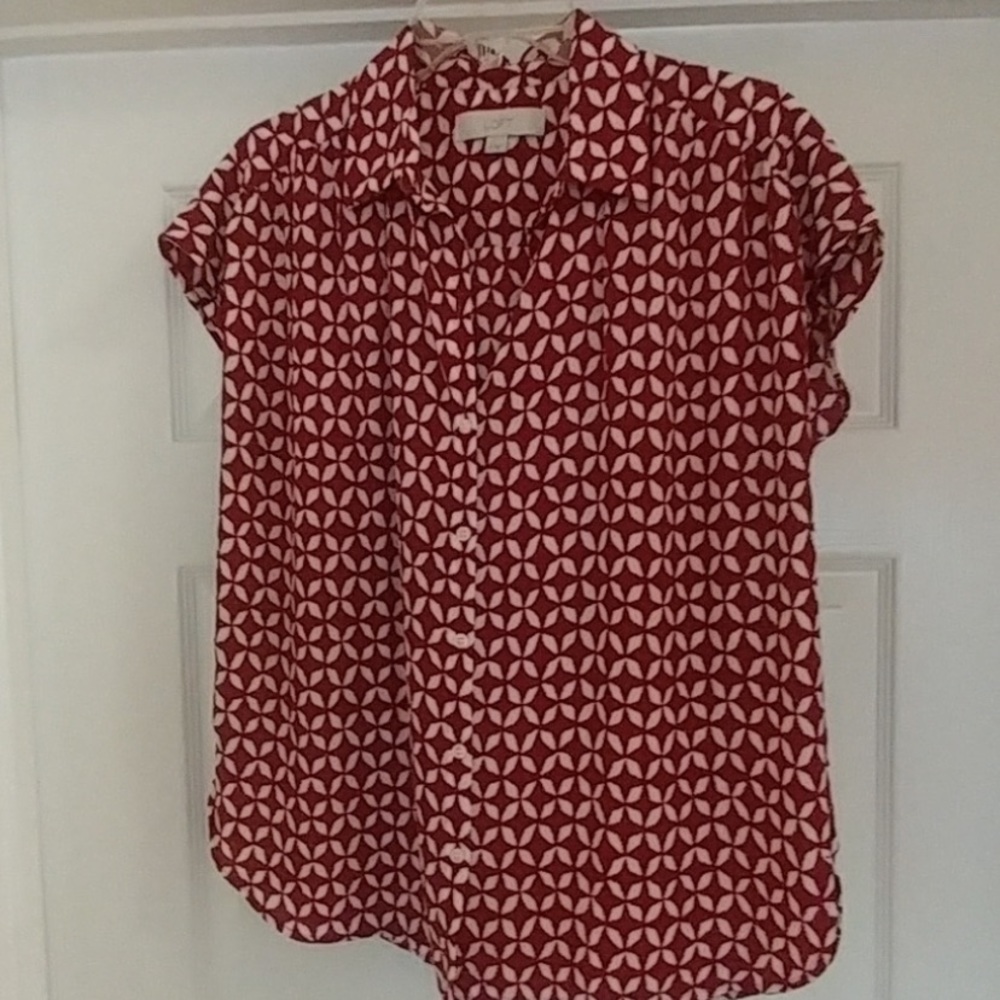 LOFT red and white geometric blouse